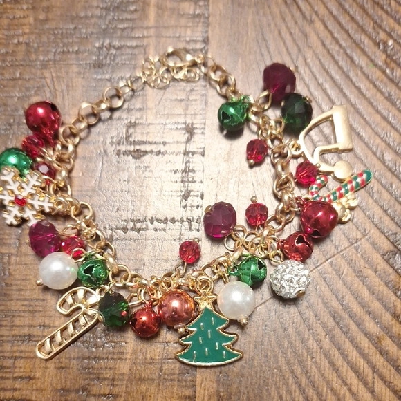 Festive Gold Charm Bracelet with Red and Green Accents And Bells - Picture 1 of 5